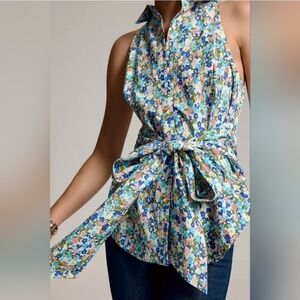 Anthropologie Maeve Blue Ditzy Floral Sleeveless Blouse Size XL Boho Cottagecore